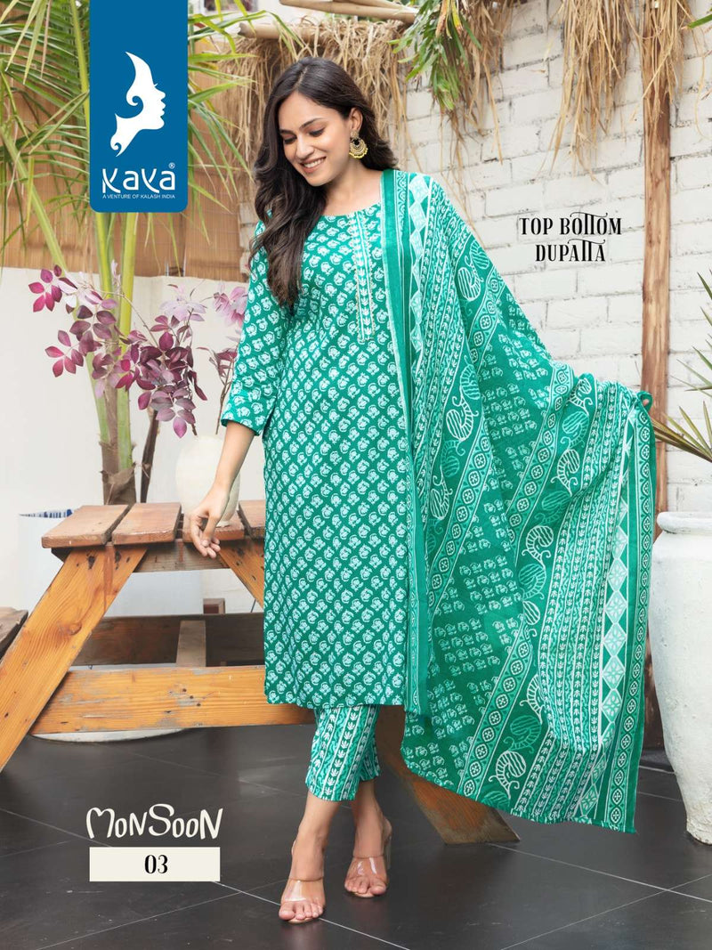 Kaya Present Monsoon Fancy 3pcs Set Rayon Print Kurti With Pant And Cotton Dupatta