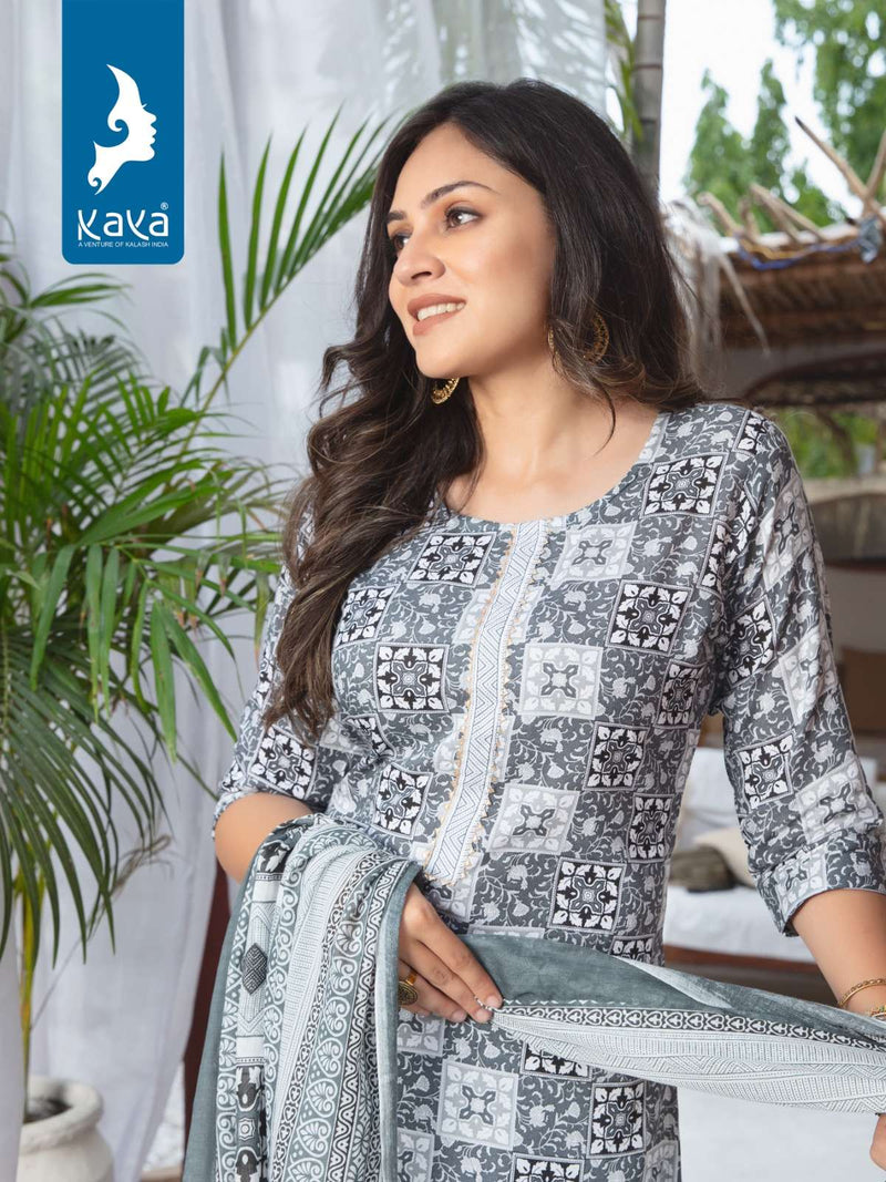 Kaya Present Monsoon Fancy 3pcs Set Rayon Print Kurti With Pant And Cotton Dupatta