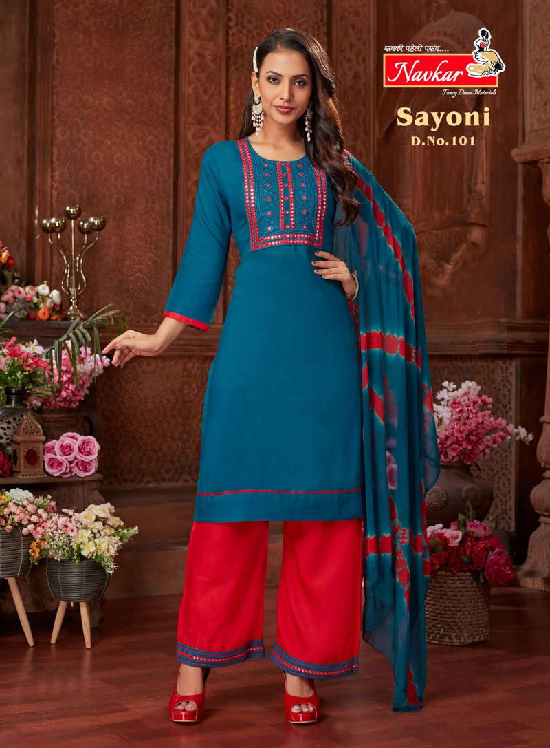 Navkar Present Sayoni 3pcs Set Fabulous Neck Work Kurti With Plazzo And Dupatta