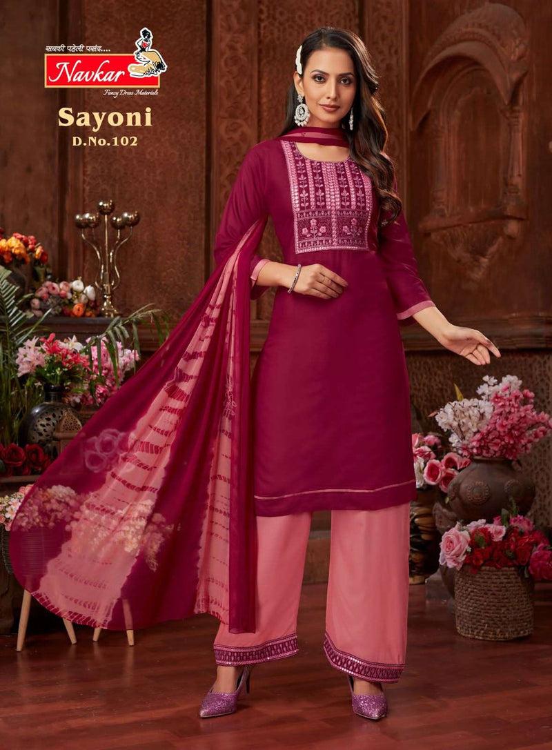 Navkar Present Sayoni 3pcs Set Fabulous Neck Work Kurti With Plazzo And Dupatta