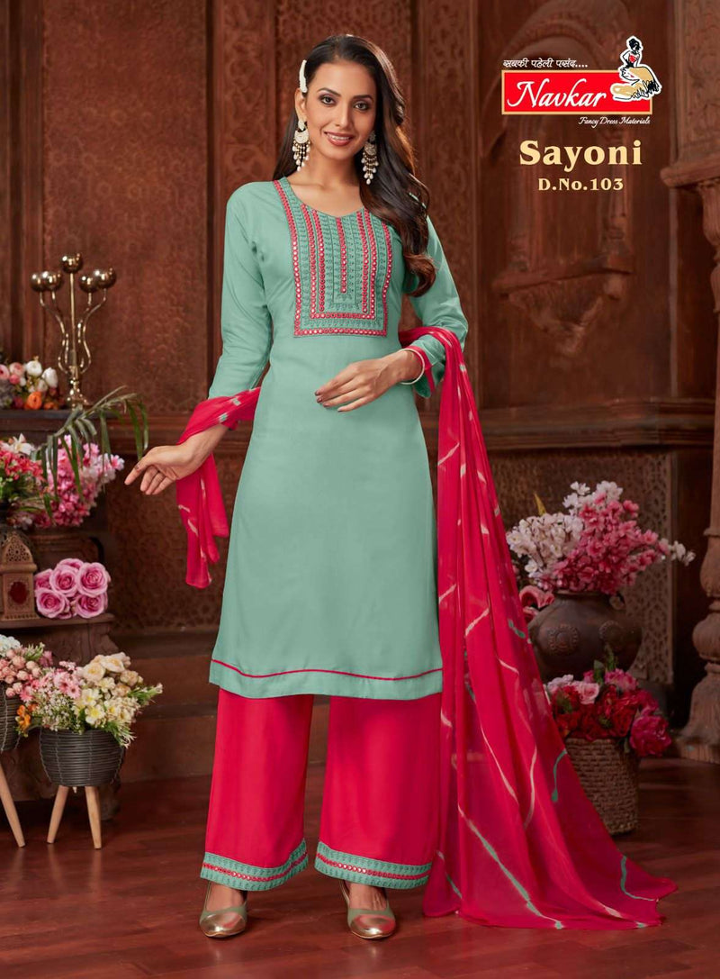 Navkar Present Sayoni 3pcs Set Fabulous Neck Work Kurti With Plazzo And Dupatta