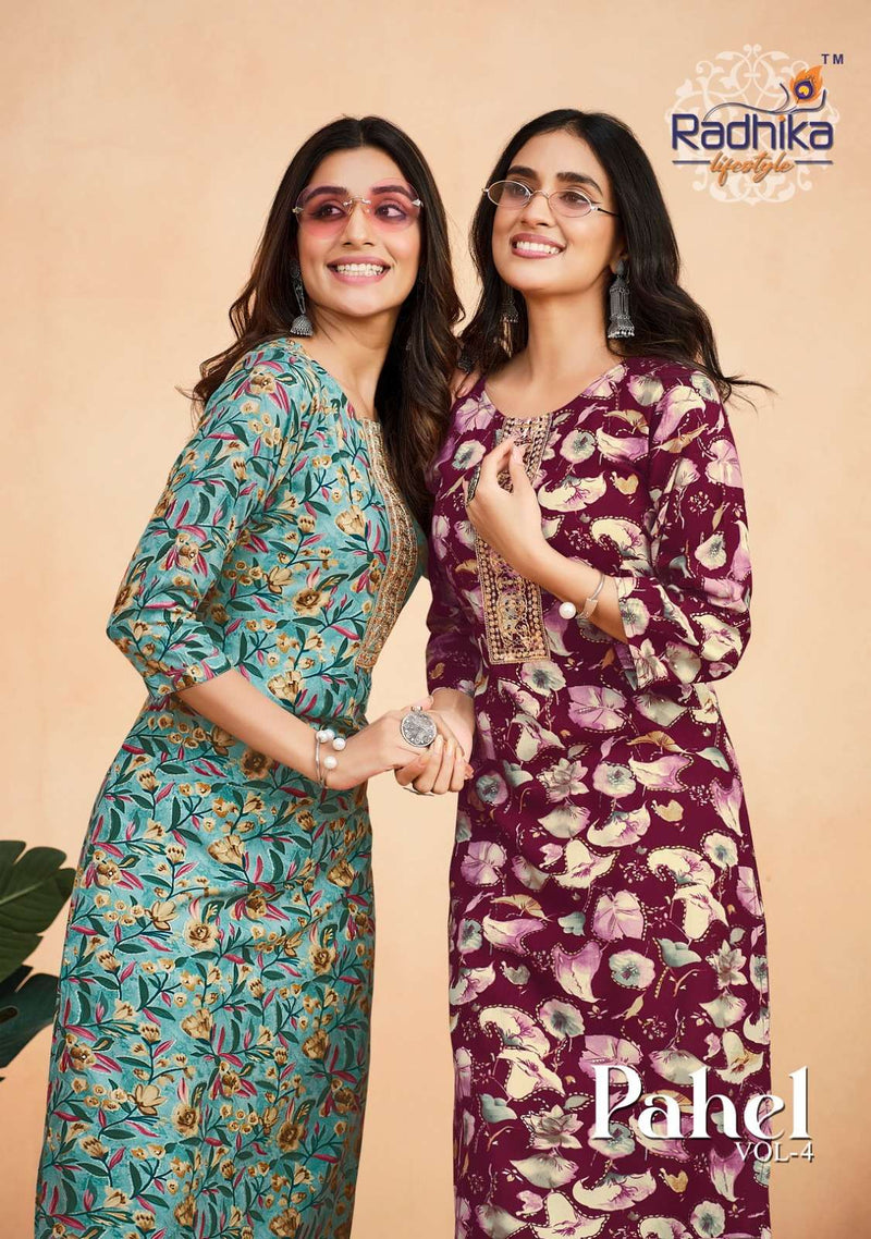 Pahel Vol 4 By Radhika Lifestyle Fancy Rayon Print Stitch Kurtis Online Supplier