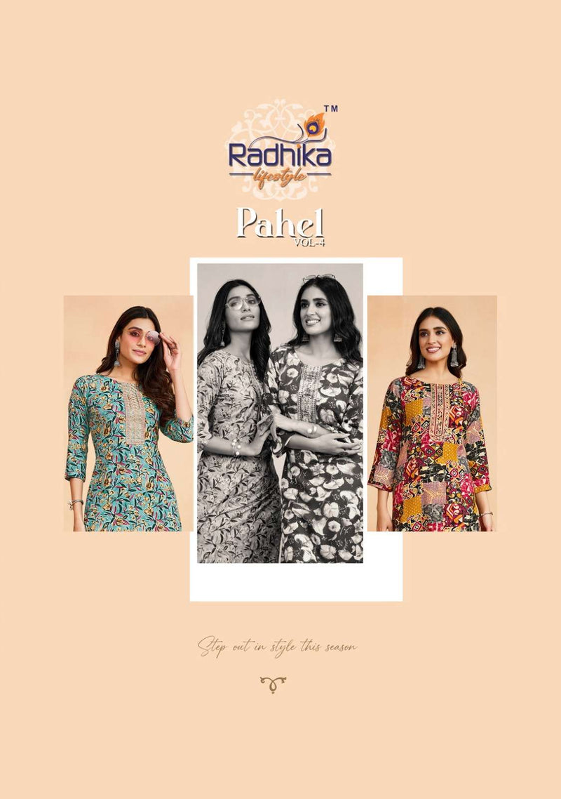 Pahel Vol 4 By Radhika Lifestyle Fancy Rayon Print Stitch Kurtis Online Supplier