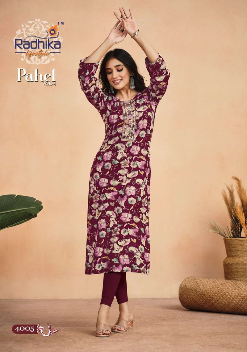 Pahel Vol 4 By Radhika Lifestyle Fancy Rayon Print Stitch Kurtis Online Supplier