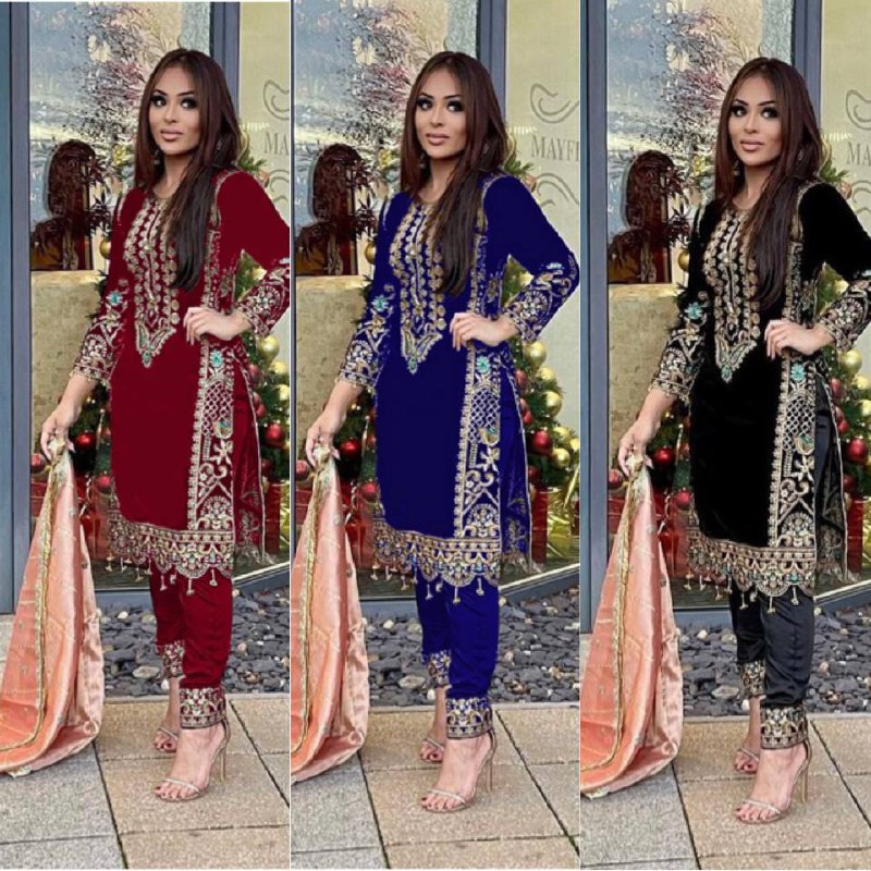 Ssr D No 325 Velvet With Heavy Embroidery Sequence Work Kurti Single
