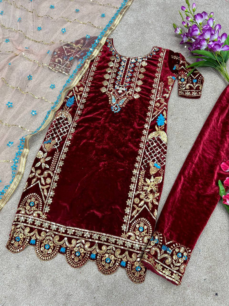 Ssr D No 325 Velvet With Heavy Embroidery Sequence Work Kurti Single