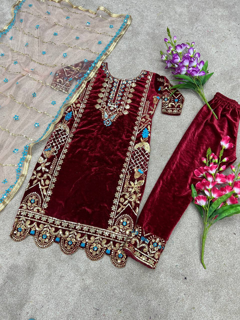 Ssr D No 325 Velvet With Heavy Embroidery Sequence Work Kurti Single