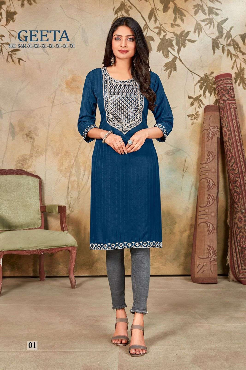 Pr Geeta Daily Wear Neck Work Silk Fancy Stitch Kurtis