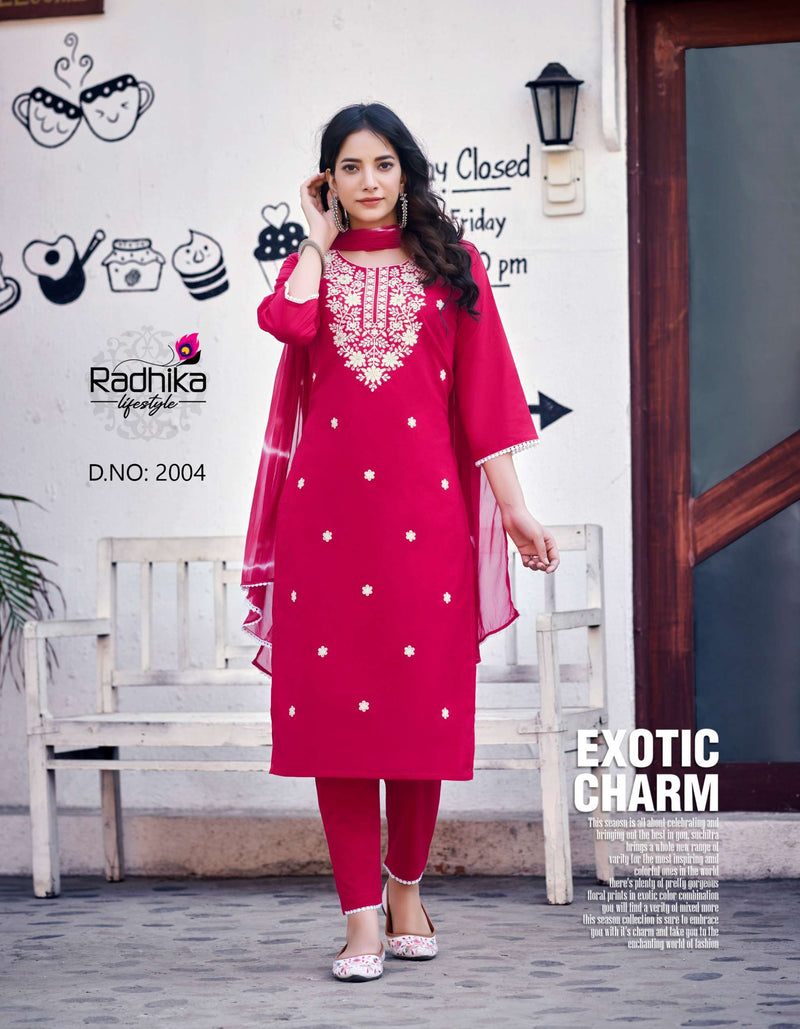 Radhika Lifestyle Cotton Culture Vol 2 Cotton Embroidery Work Kurti Pant & Dupatta Set