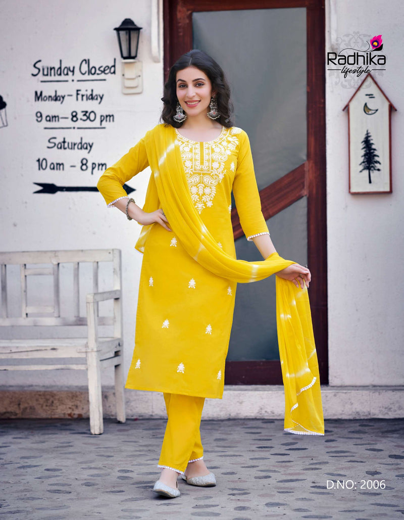 Radhika Lifestyle Cotton Culture Vol 2 Cotton Embroidery Work Kurti Pant & Dupatta Set