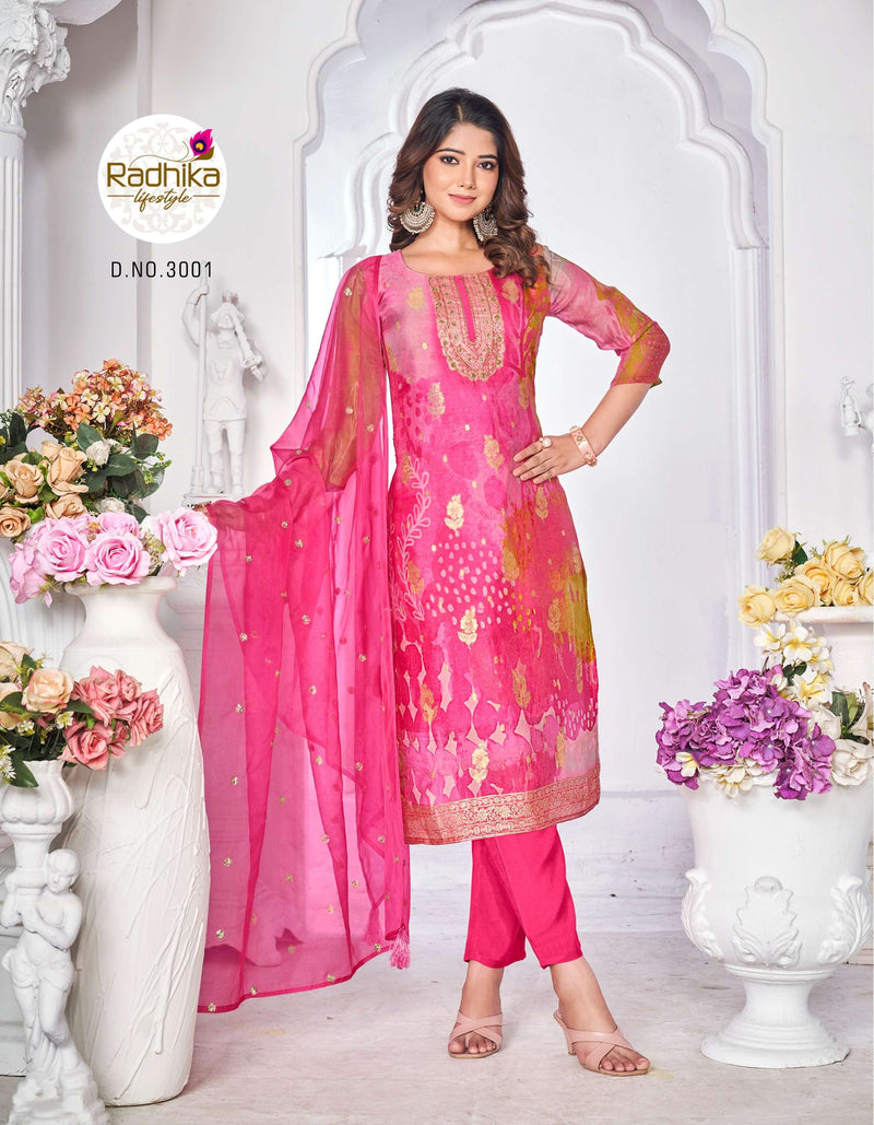 Radhika Lifestyle Gulnaz Vol 3 Organza Silk Fancy Designer Kurti Pant Dupatta Set