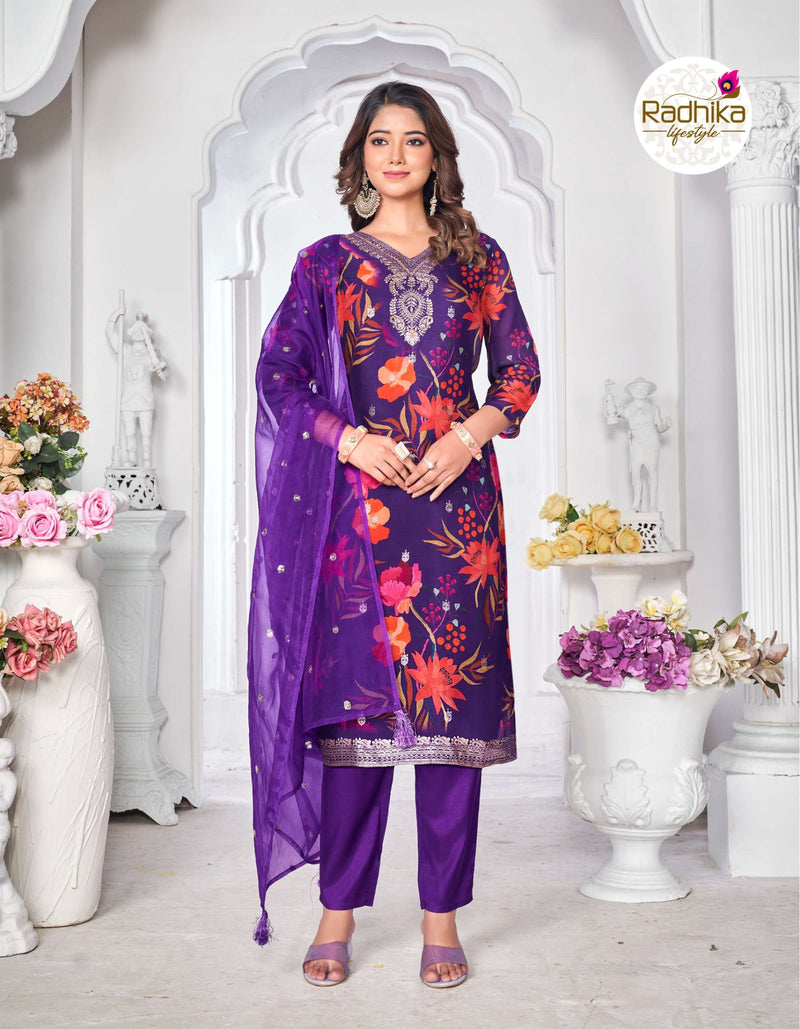 Radhika Lifestyle Gulnaz Vol 3 Organza Silk Fancy Designer Kurti Pant Dupatta Set
