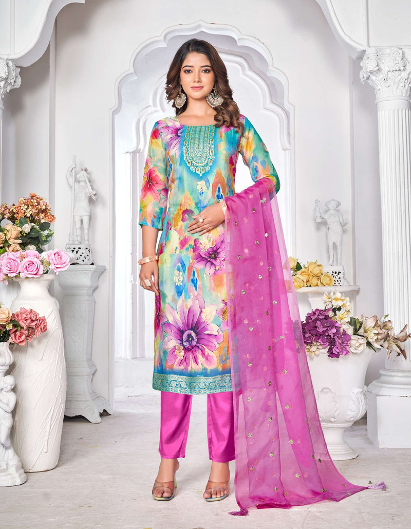 Radhika Lifestyle Gulnaz Vol 3 Organza Silk Fancy Designer Kurti Pant Dupatta Set