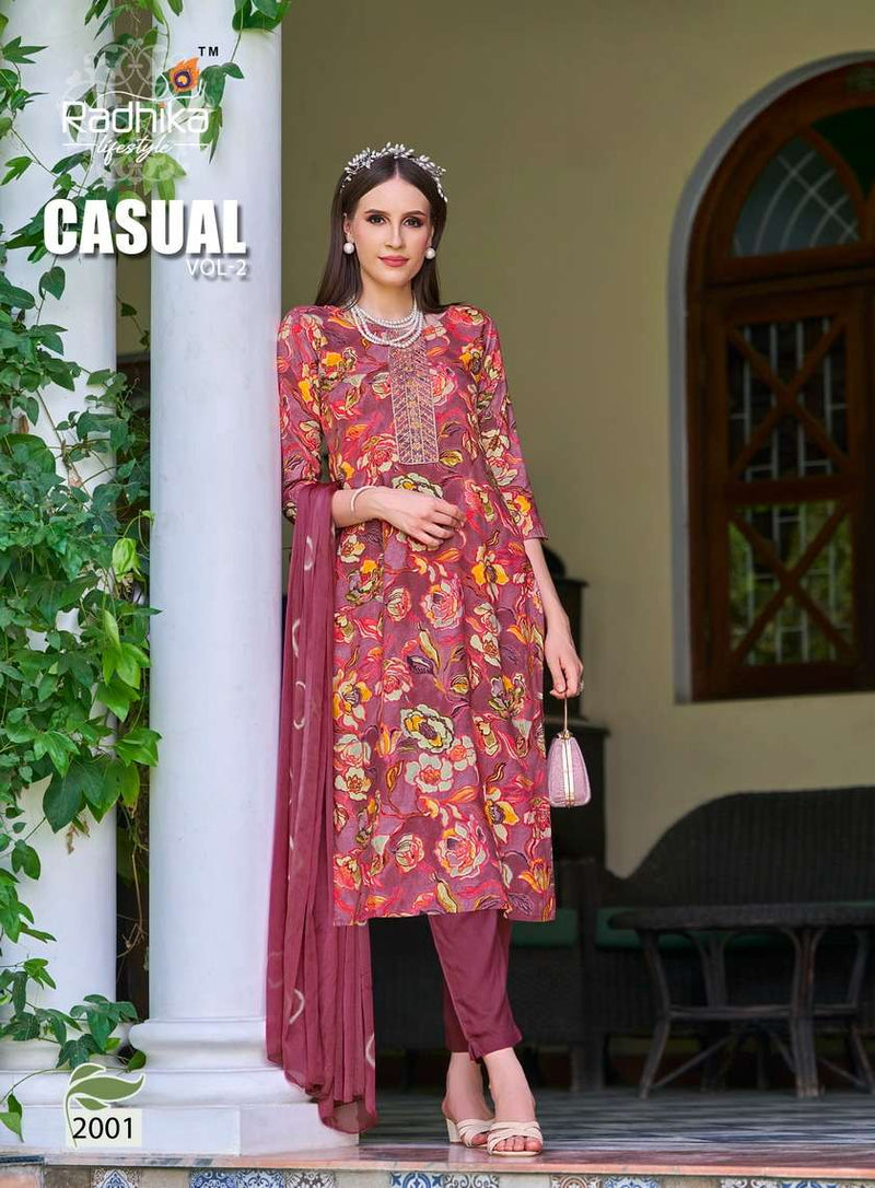 Radhika Lifestyle Casual Vol 2 Heavy Reyon Foil Print With Embroidery Work Fancy Kurti