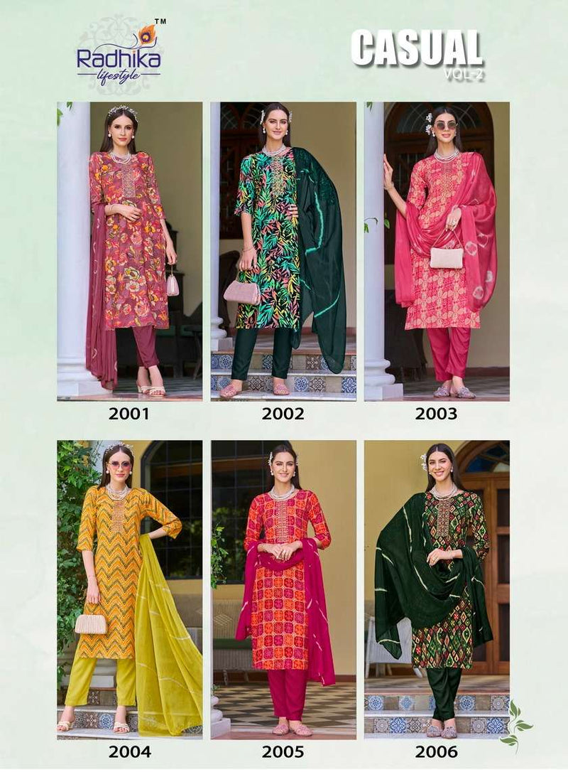 Radhika Lifestyle Casual Vol 2 Heavy Reyon Foil Print With Embroidery Work Fancy Kurti
