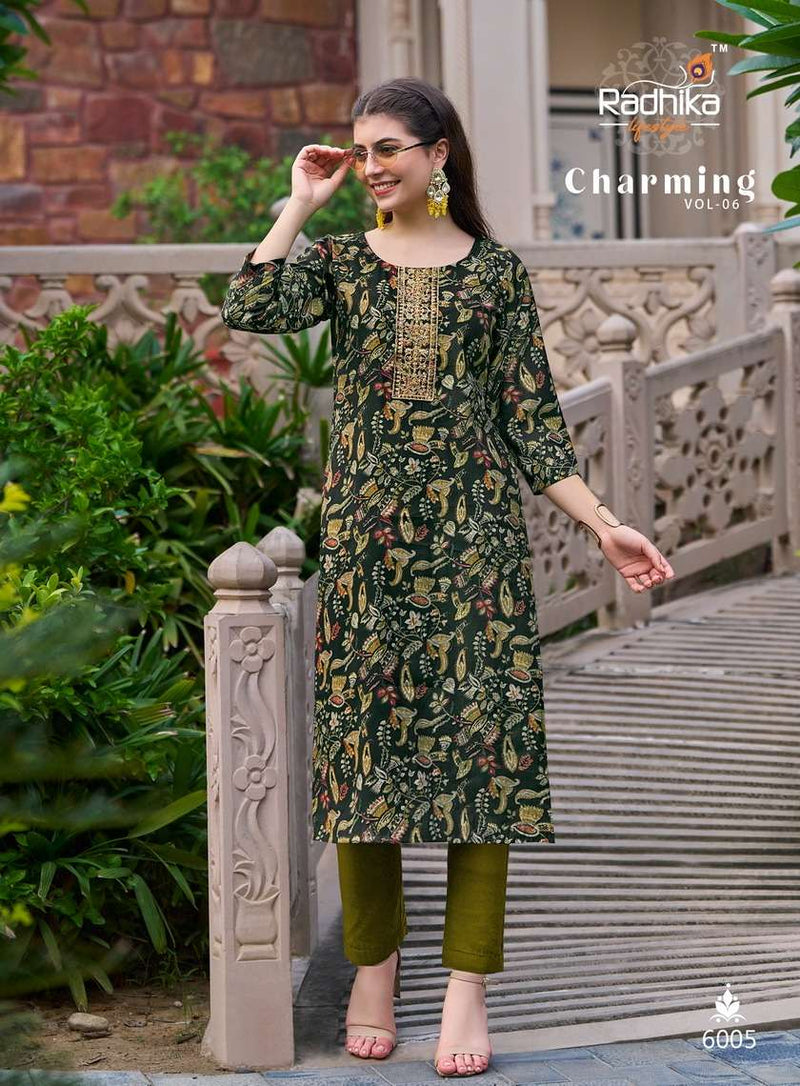 Radhika Lifestyle Charming Vol 6 Rayon Chanderi Work Fancy Designer Kurti