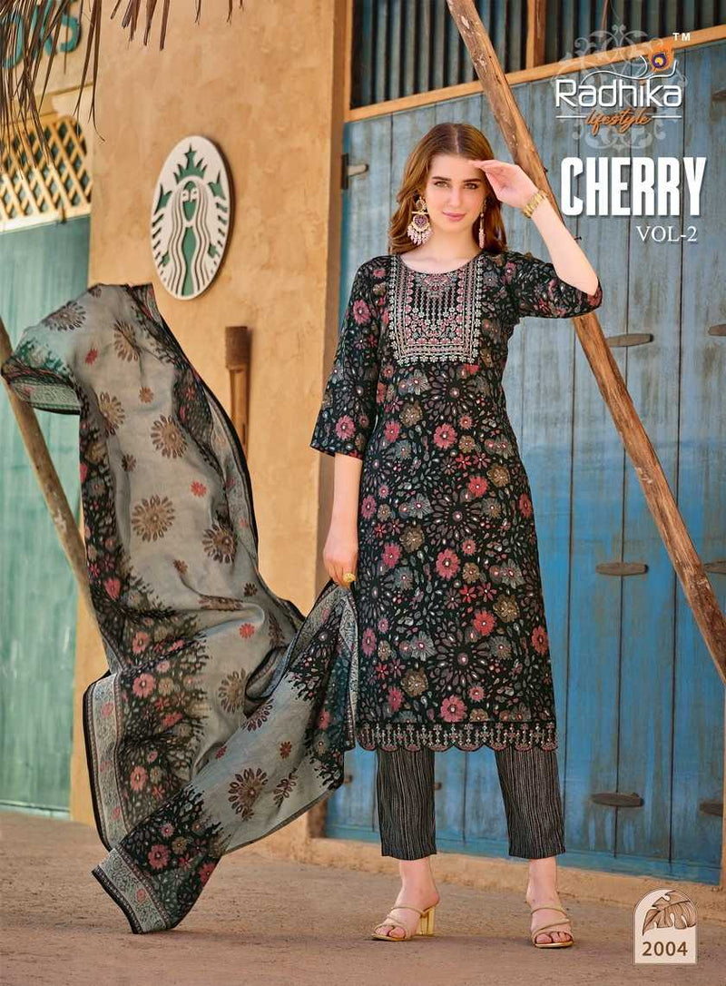 Radhika Lifestyle Cherry Vol 2 Modal Muslin Print Embroidery Work With Lace Kurti Pant With Dupatta