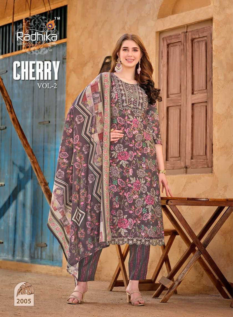 Radhika Lifestyle Cherry Vol 2 Modal Muslin Print Embroidery Work With Lace Kurti Pant With Dupatta