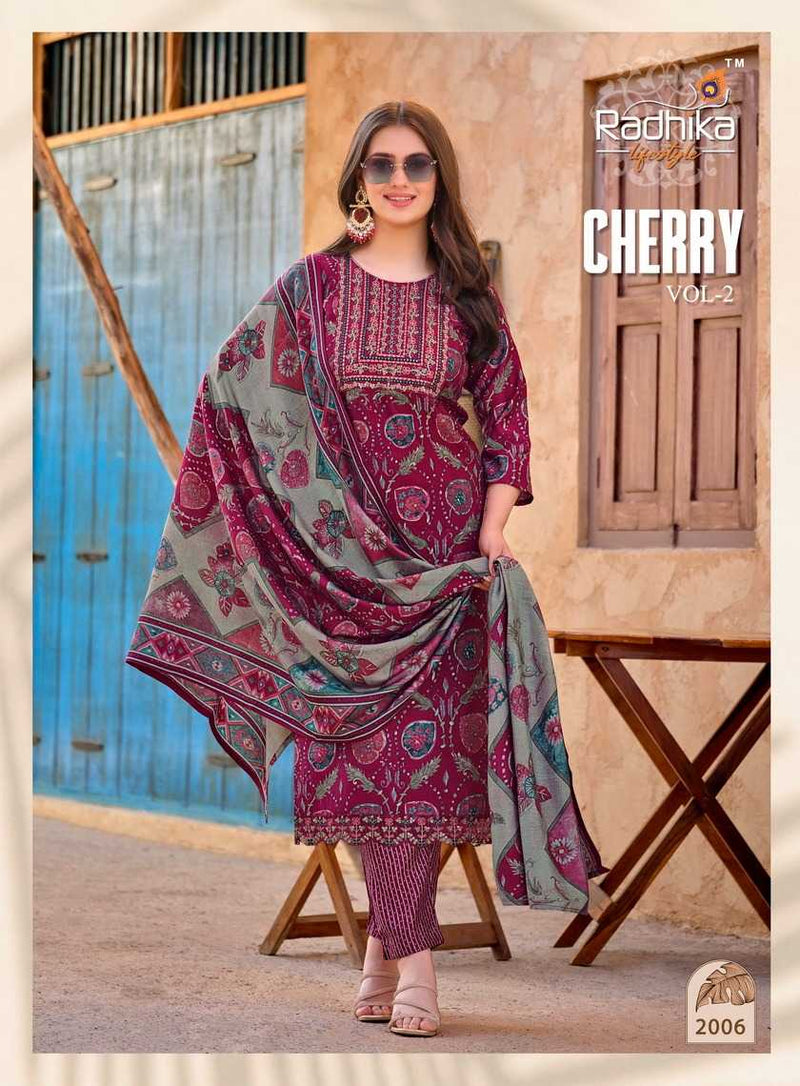 Radhika Lifestyle Cherry Vol 2 Modal Muslin Print Embroidery Work With Lace Kurti Pant With Dupatta