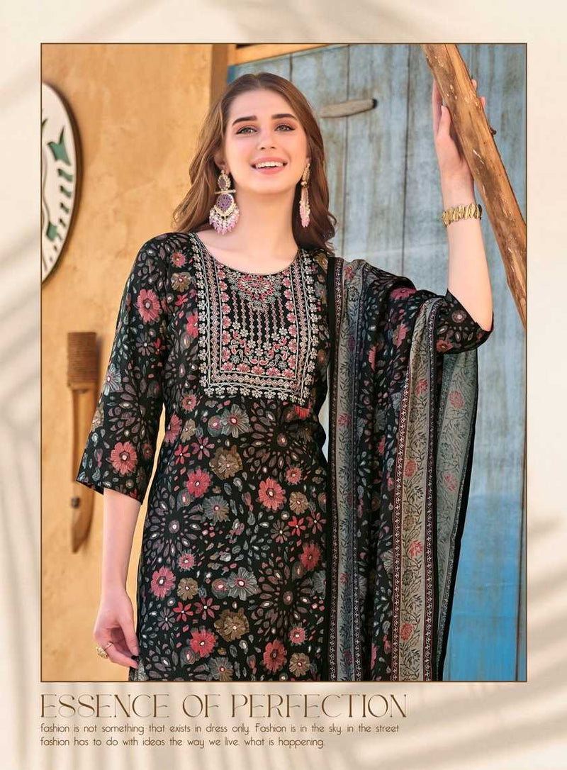 Radhika Lifestyle Cherry Vol 2 Modal Muslin Print Embroidery Work With Lace Kurti Pant With Dupatta