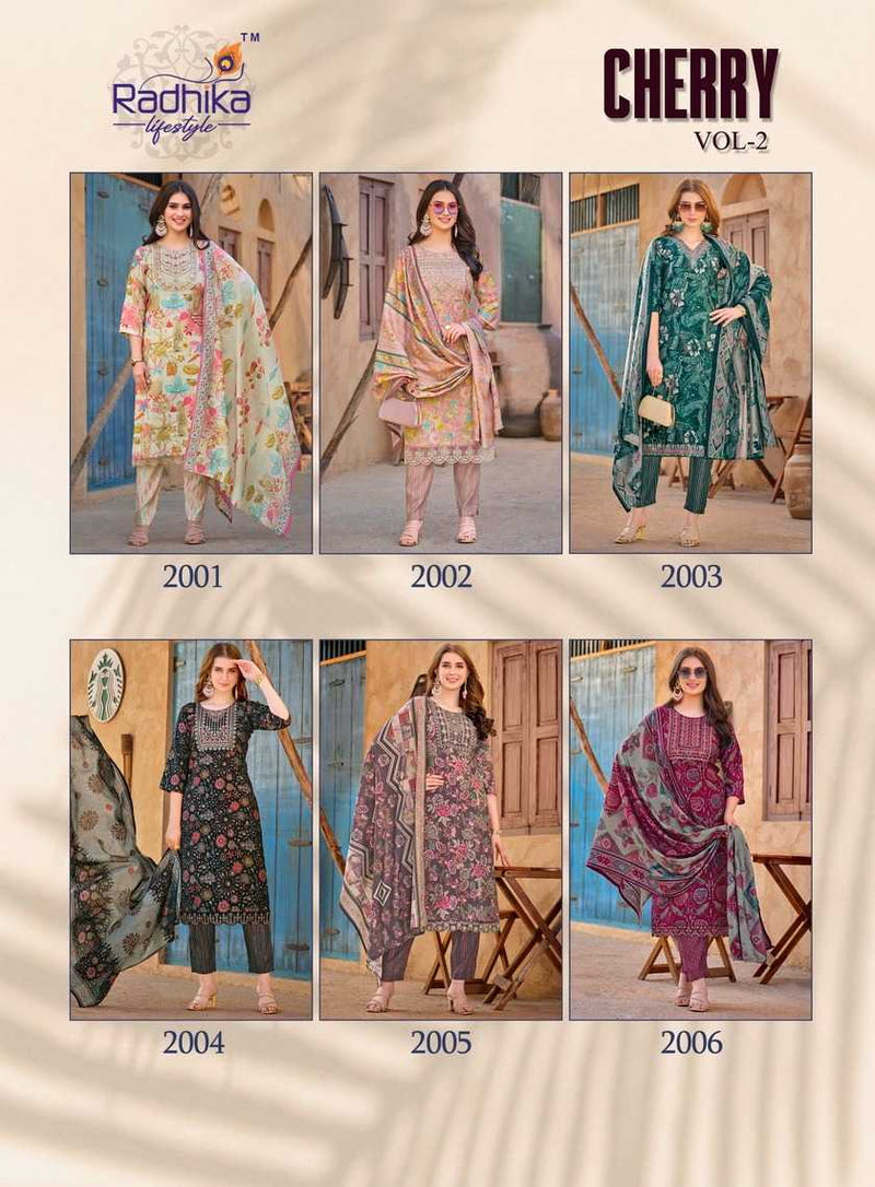 Radhika Lifestyle Cherry Vol 2 Modal Muslin Print Embroidery Work With Lace Kurti Pant With Dupatta
