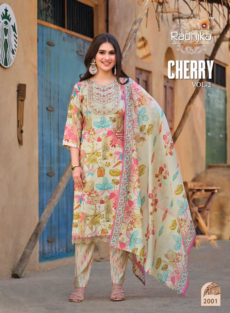 Radhika Lifestyle Cherry Vol 2 Modal Muslin Print Embroidery Work With Lace Kurti Pant With Dupatta