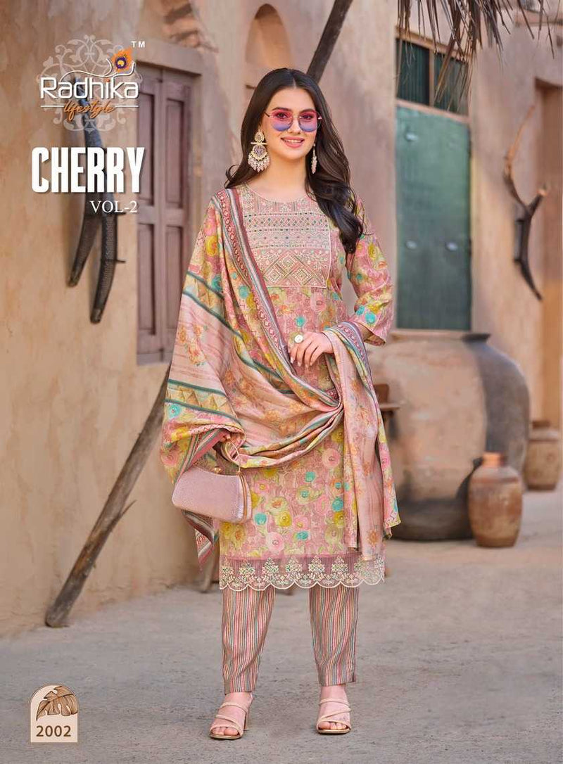 Radhika Lifestyle Cherry Vol 2 Modal Muslin Print Embroidery Work With Lace Kurti Pant With Dupatta