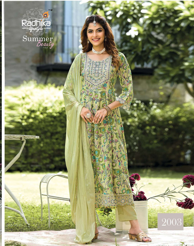 Radhika Lifestyle Summer Beauty Vol 2 Cotton Foil Print With Embroidery Work Anarkali Gown Pant Dupatta Set