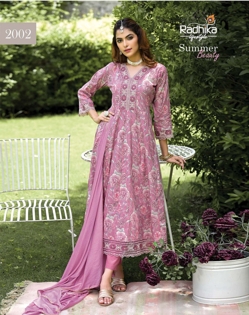 Radhika Lifestyle Summer Beauty Vol 2 Cotton Foil Print With Embroidery Work Anarkali Gown Pant Dupatta Set