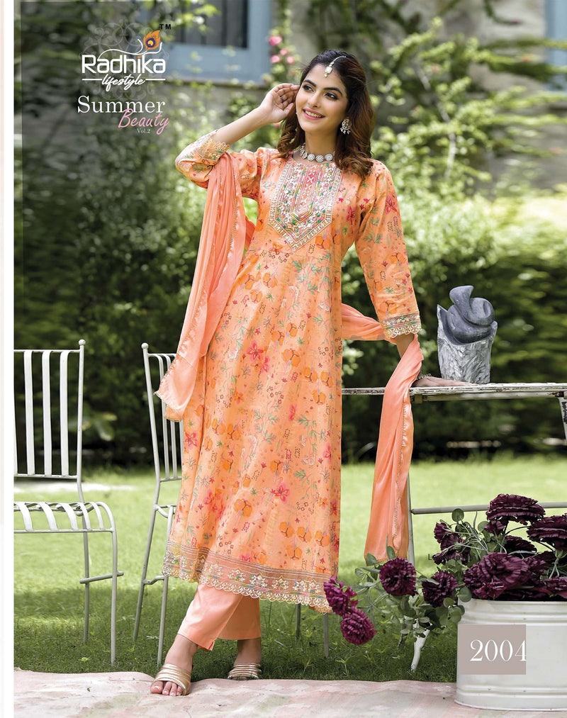 Radhika Lifestyle Summer Beauty Vol 2 Cotton Foil Print With Embroidery Work Anarkali Gown Pant Dupatta Set