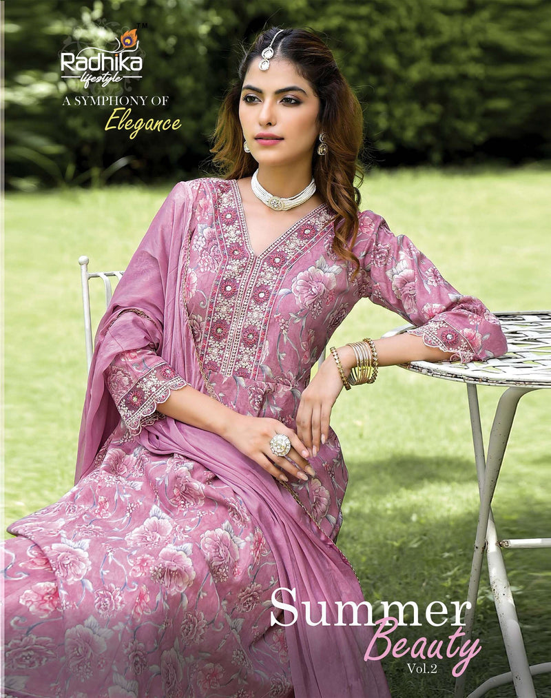 Radhika Lifestyle Summer Beauty Vol 2 Cotton Foil Print With Embroidery Work Anarkali Gown Pant Dupatta Set