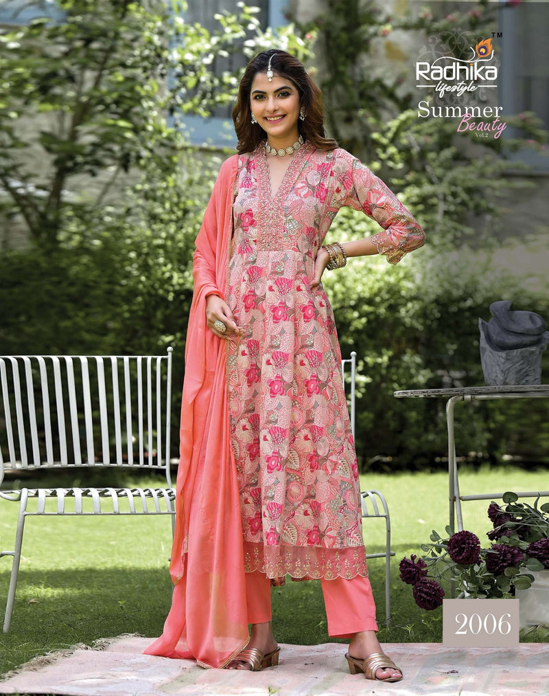 Radhika Lifestyle Summer Beauty Vol 2 Cotton Foil Print With Embroidery Work Anarkali Gown Pant Dupatta Set