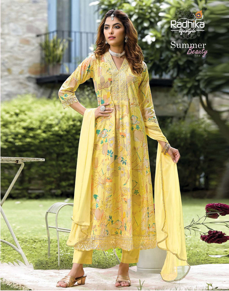 Radhika Lifestyle Summer Beauty Vol 2 Cotton Foil Print With Embroidery Work Anarkali Gown Pant Dupatta Set