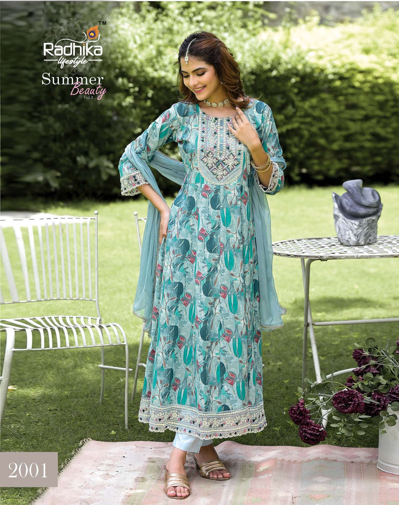 Radhika Lifestyle Summer Beauty Vol 2 Cotton Foil Print With Embroidery Work Anarkali Gown Pant Dupatta Set