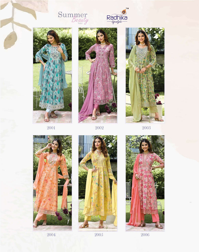 Radhika Lifestyle Summer Beauty Vol 2 Cotton Foil Print With Embroidery Work Anarkali Gown Pant Dupatta Set