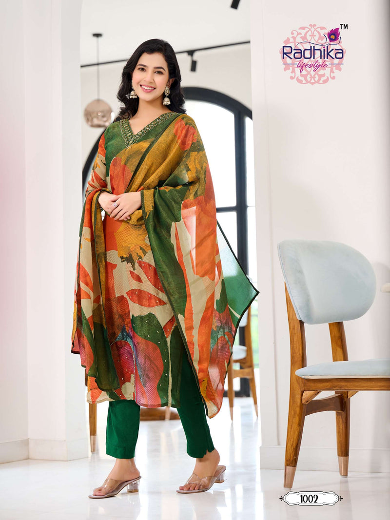 Radhika Lifestyle Womaniya Vol 1 Silk Digital Print Hand Work Kurti Pant Dupatta Set