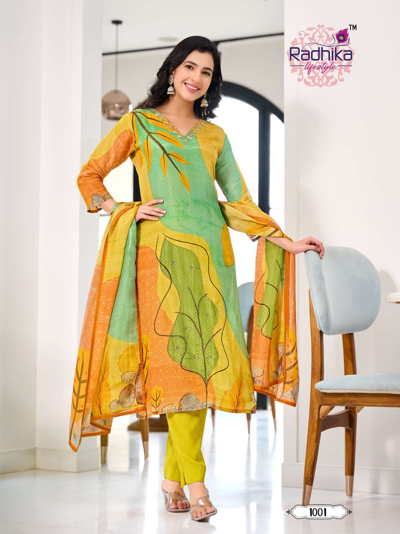 Radhika Lifestyle Womaniya Vol 1 Silk Digital Print Hand Work Kurti Pant Dupatta Set