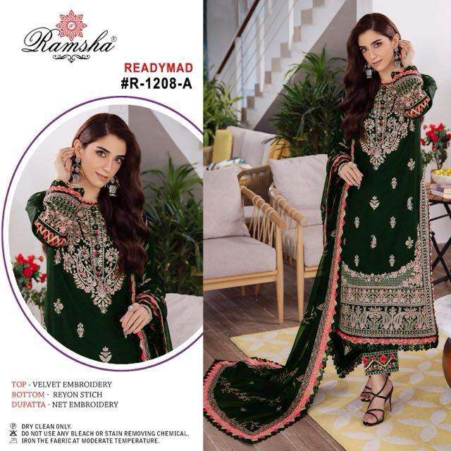 Ramsha R 1208 Velvet Embroidery Pakistani Style Pret Kurti Pant Dupatta Set