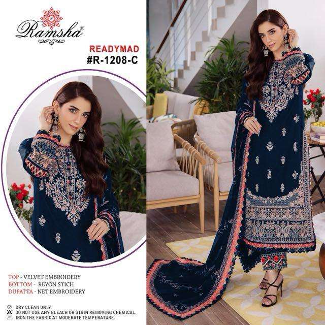 Ramsha R 1208 Velvet Embroidery Pakistani Style Pret Kurti Pant Dupatta Set