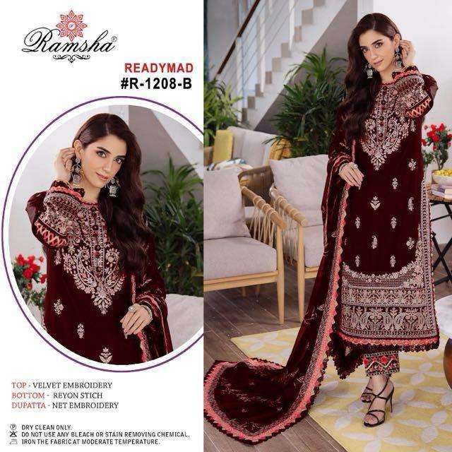 Ramsha R 1208 Velvet Embroidery Pakistani Style Pret Kurti Pant Dupatta Set