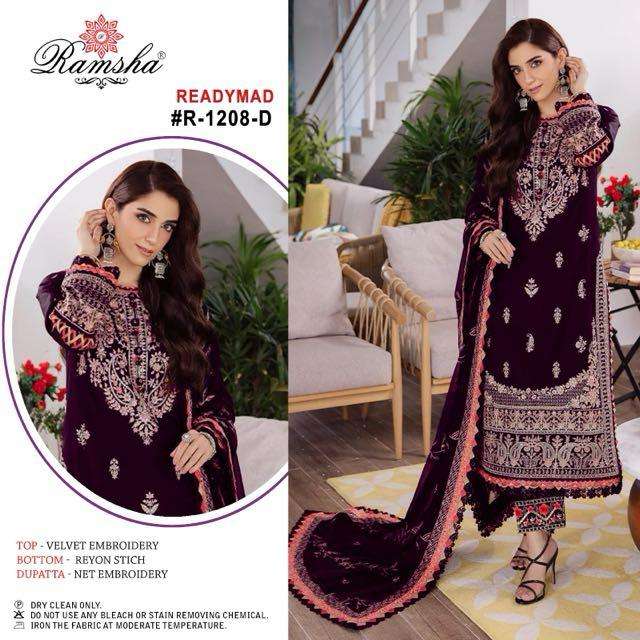 Ramsha R 1208 Velvet Embroidery Pakistani Style Pret Kurti Pant Dupatta Set