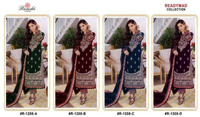 Ramsha R 1208 Velvet Embroidery Pakistani Style Pret Kurti Pant Dupatta Set