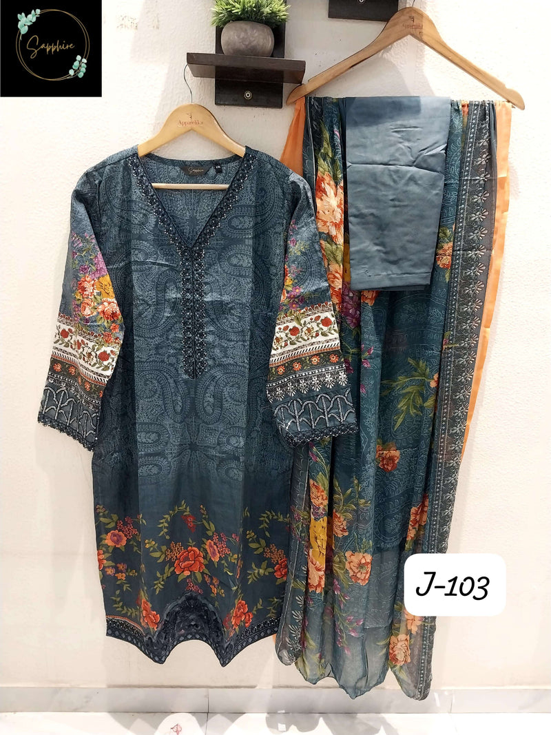 Sapphire Jazmin Vol J 103 Lawn Cotton Heavy Multiple Patches Pret Kurti Pant Dupatta Set