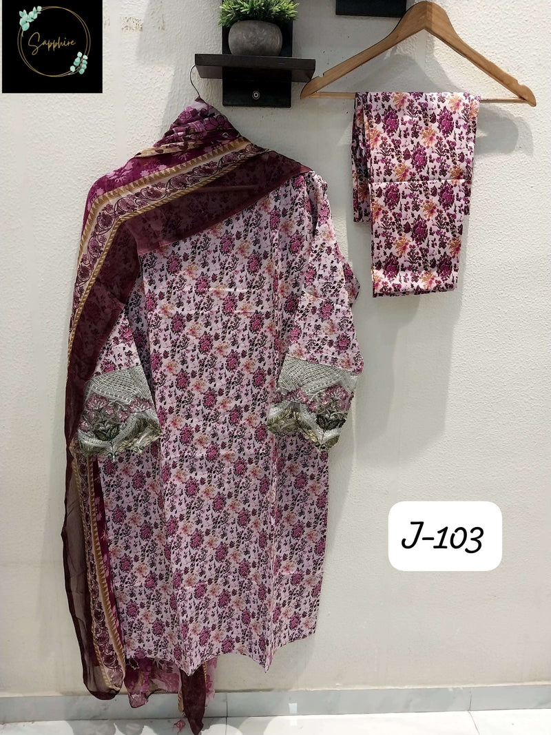 Sapphire Jazmin Vol J 103 Lawn Cotton Heavy Multiple Patches Pret Kurti Pant Dupatta Set