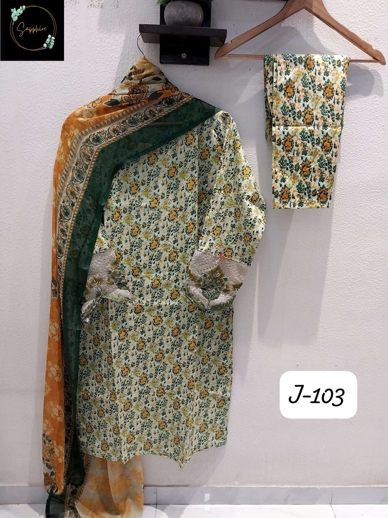 Sapphire Jazmin Vol J 103 Lawn Cotton Heavy Multiple Patches Pret Kurti Pant Dupatta Set