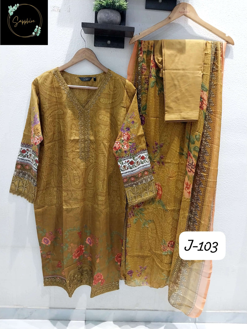 Sapphire Jazmin Vol J 103 Lawn Cotton Heavy Multiple Patches Pret Kurti Pant Dupatta Set