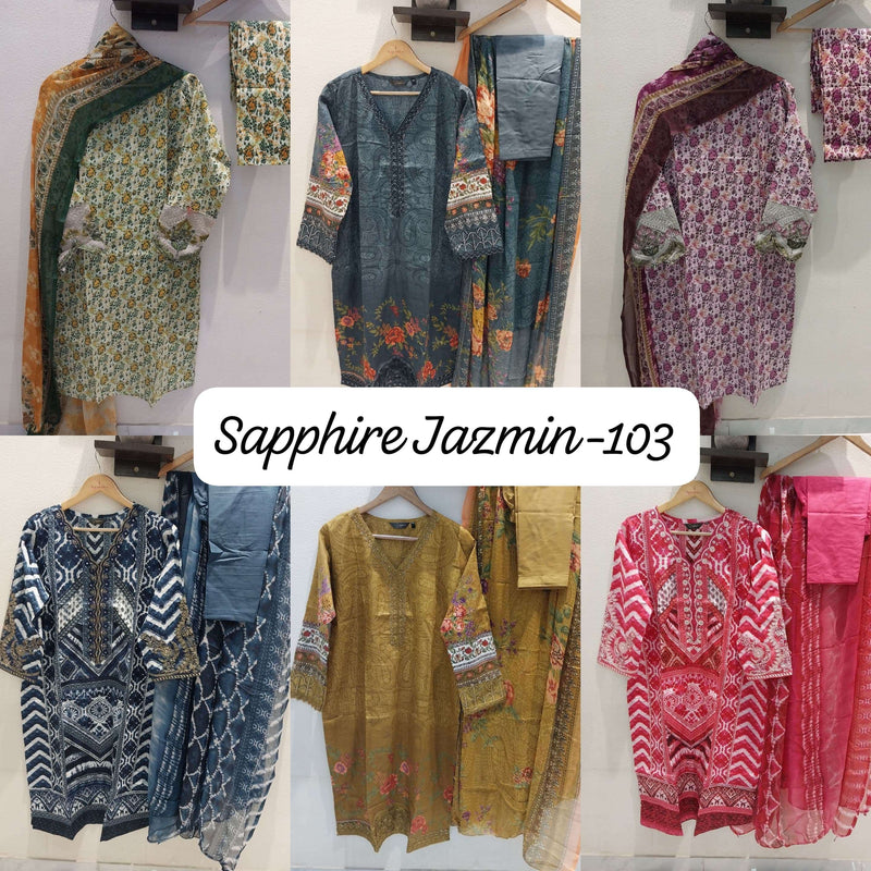 Sapphire Jazmin Vol J 103 Lawn Cotton Heavy Multiple Patches Pret Kurti Pant Dupatta Set