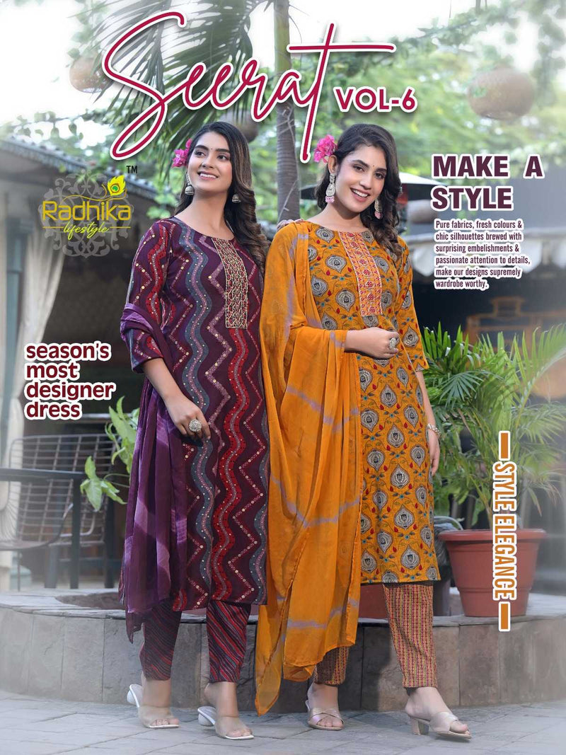 Radhika Lifestyle Seerat Vol 6 Rayon Capsule Foil Print Embroidery Work Kurti With Nazmin Dupptta Set