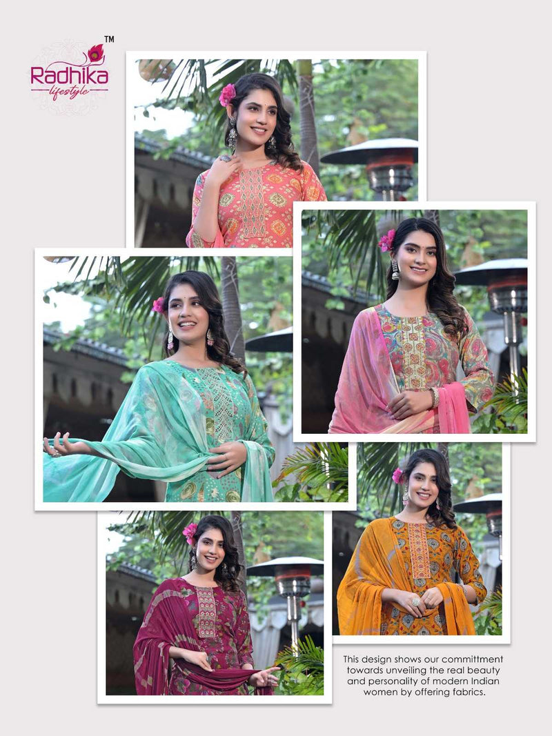 Radhika Lifestyle Seerat Vol 6 Rayon Capsule Foil Print Embroidery Work Kurti With Nazmin Dupptta Set