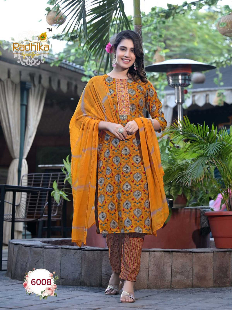 Radhika Lifestyle Seerat Vol 6 Rayon Capsule Foil Print Embroidery Work Kurti With Nazmin Dupptta Set